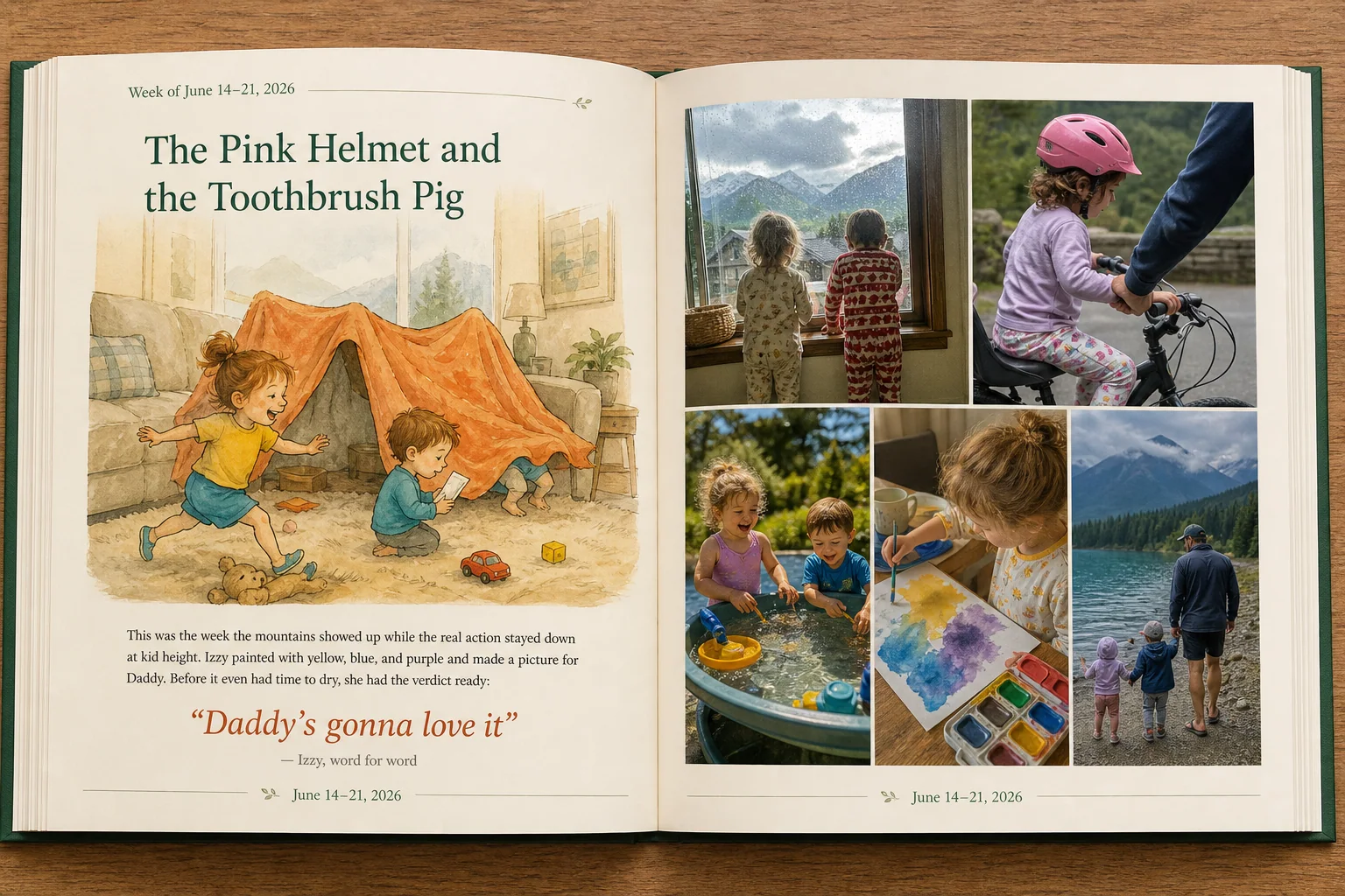 Rendered Tuck test-family book spread dated June 14–21, 2026, with a woven watercolor chapter, story copy, a word-for-word quote, and five family photos
