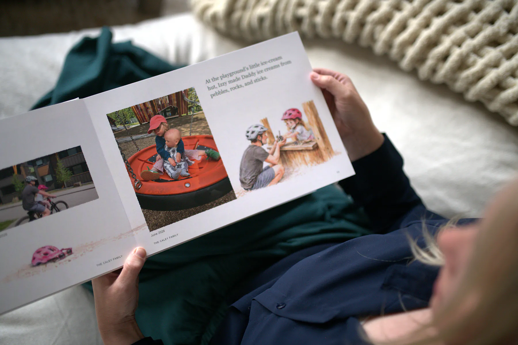 A spread in Nicole’s hands: a playground afternoon, with Izzy’s words, B’s playground, beside the photos and a watercolor.