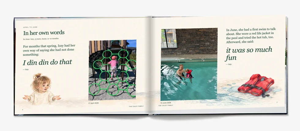 Nicole's book pages shown open on the layflat book Tuck prints: the pages lie completely flat.