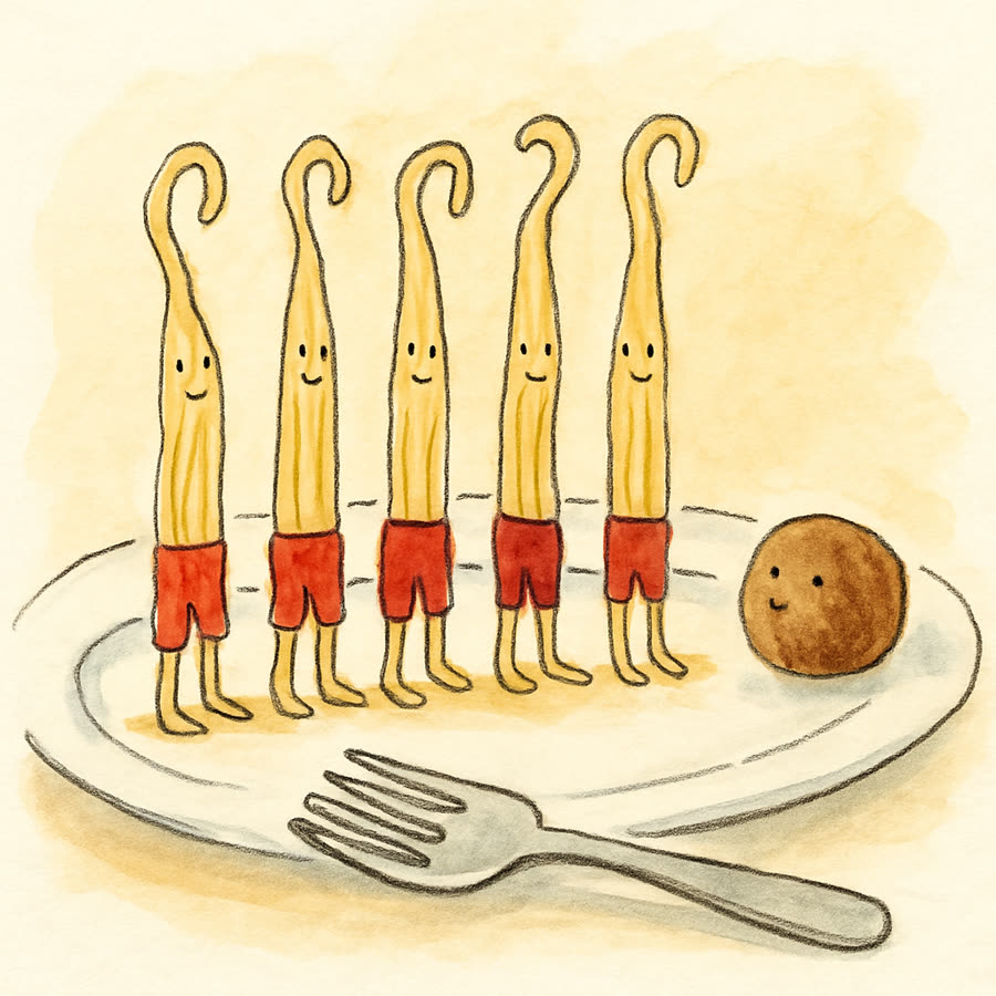 Watercolor of spaghetti wearing tiny pants
