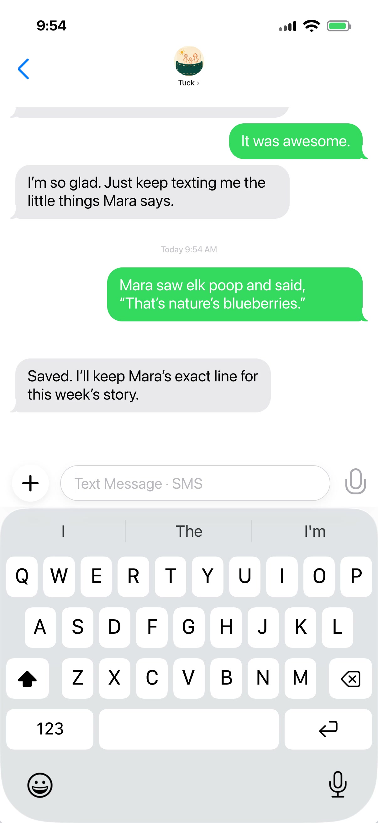 A parent texts Tuck a child's exact funny words and Tuck confirms they are saved